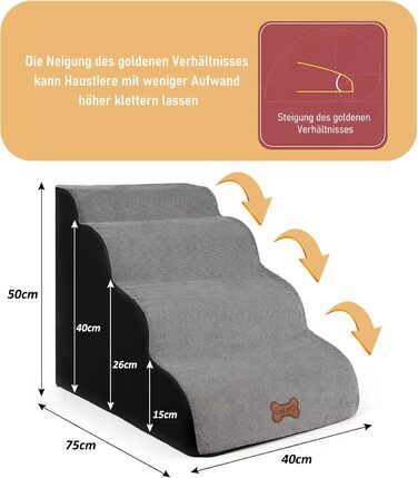 Сходинки для собак Caliyo: 2 сходинки, для маленьких собак та котів, 26 см, знімний чохол та протиковзка підставка, для ліжка, дивану та авто (55×40×26cm), сірі