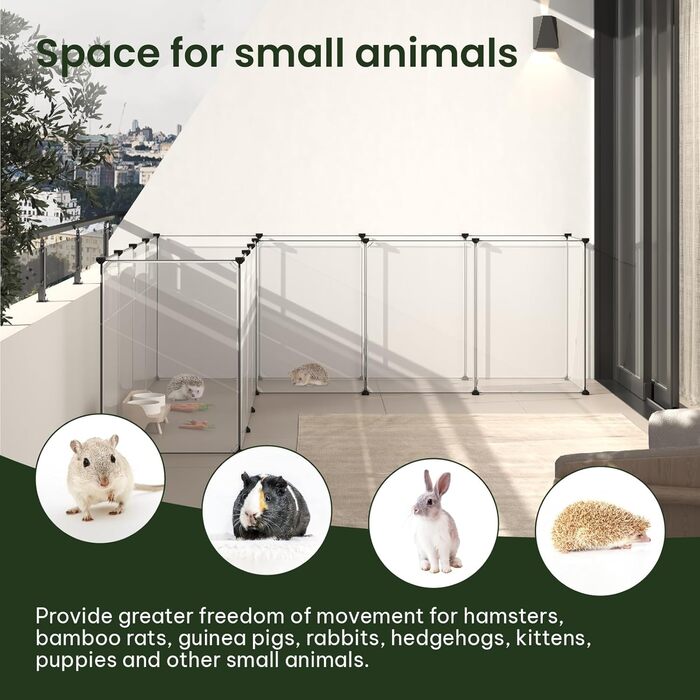 Кігульник для кроликів та інших дрібних тварин EUGAD, 16 прозорих панелей, 50x72 см, розширюваний, для кроликів, морських свинок, хом'яків, їжаків, 302x102x72 см (16 шт.)