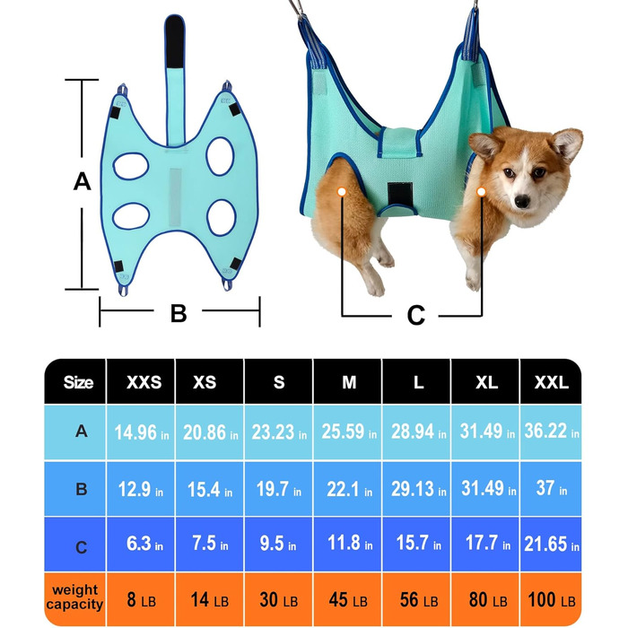 Гамак для грумінгу собак, гамак для догляду за собаками, гамак для підстригання нігтів з кусачками, гамак для грумінгу з широким ременем (Великий 20 кг, блакитний)
