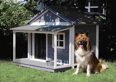 Будка для собак SunnyDogs з масивного дерева | Тепла та водовідштовхуюча будка з дахом та терасою | Розміри: 130 x 118 x 108 см