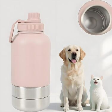 Миска-поїльник для собак 3-в-1 950 мл, рожева. Термопоїльник з мисками для їжі та води. Ідеально для подорожей та прогулянок.