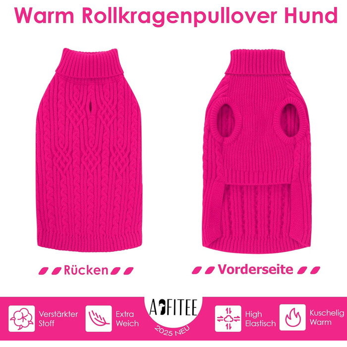 Пуловер для собак AOFITEE, теплий пуловер з коміром-стійкою для дрібних порід (Такса, Мопс, Мальтізе) S, Рожевий