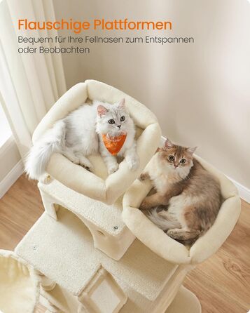 Комплекс для котів Feandrea Kratzbaum PCT165W01, 168 см, бежевий: 13 стовпчиків, 2 платформи, 2 печери, гамак, кошик, м'ячики