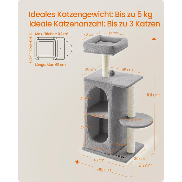 Дряпка для котів Feandrea, кігтеточка з 2 будиночками, кігтешліфувальні стовпчики, для багатокотових родин, кошенят, світло-сіра PCT005G01