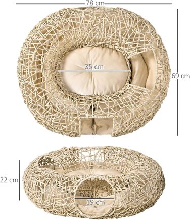 PawHut Корінь для котів з ротангу, 78x69x22 см, з м'яким подушкою, 3 входи, тунель для котів, натуральне дерево