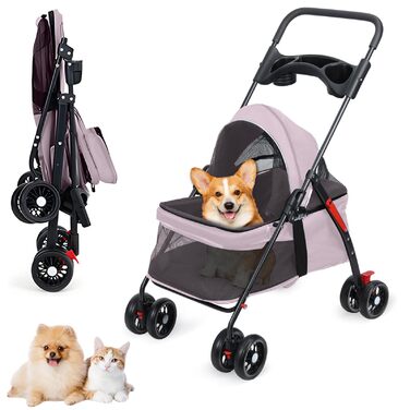 Візок для собак і котів до 10 кг, складний - рожевий. Зручний візок для тварин з регульованим дахом, сіткою та гальмом