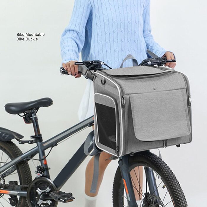 Клітка-переноска для тварин на велосипед Asixxsix, розширювана, складна, для собак та котів до 8 кг (сіра)