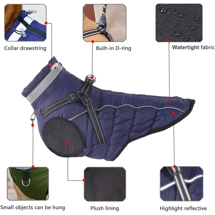 Зимовий одяг для собак, водонепроникний, з регульованою шлейкою, тепла куртка з флісу з світловідбиваючими смугами для великих та середніх собак, коричневий, розмір S