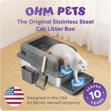 OHM Pets XL Лоток для котів з нержавіючої сталі 20 л – антипригарний, велика котяча туалетна коробка, металевий лоток із високими бортами, лопатка та піддон у комплекті, не іржавіє, не протікає