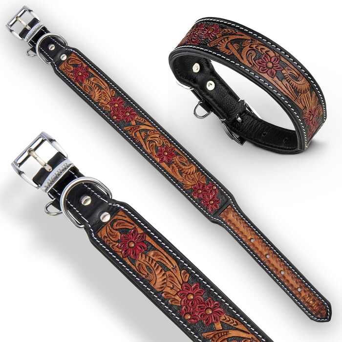 Нашийник для собак MICHUR Flora: шкіряний, з червоним квітковим візерунком, чорний/червоний/коричневий, розміри 51-58,5 см