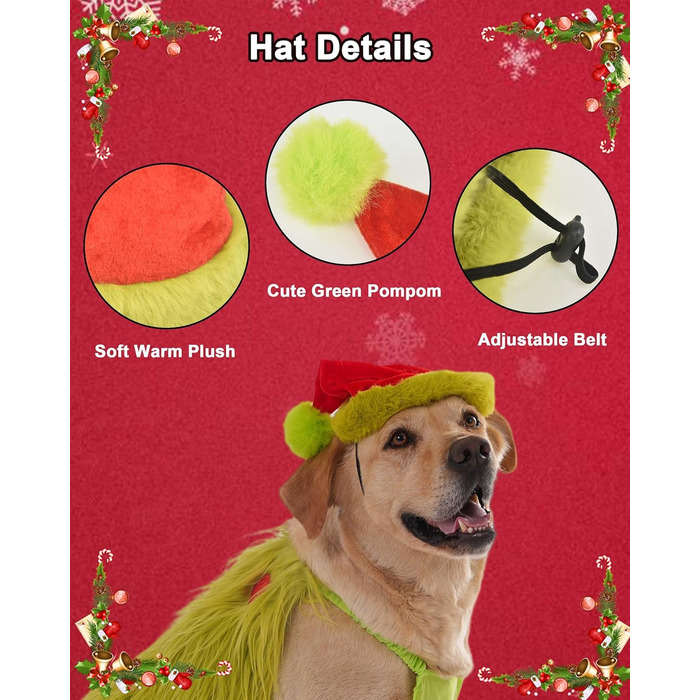 Костюм для собак з новорічною шапочкою, для собак та котів, костюм на Хелловін, костюм для маленьких, середніх та великих собак, розмір 4XL, зелений, обхват грудей 88 см