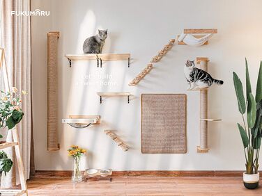 FUKUMARU настінна кішкова стіна з масиву гевеї, драбинка та лежак для котів до 15 кг з джутовим канатом для дряпання, монтаж справа наліво
