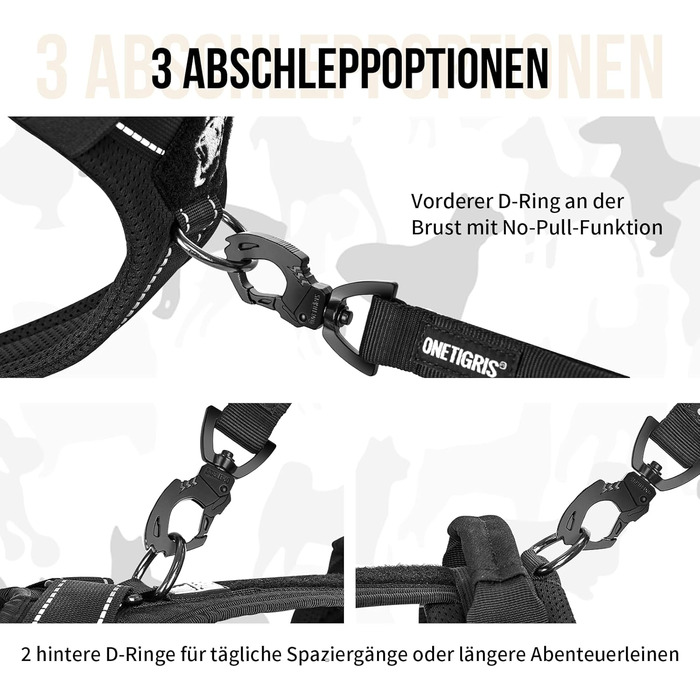 Шлейка для собак OneTigris Diesel, тактична, чорна, розмір L, м'яка підкладка, з ручкою та 3 D-кільцями, для середніх та великих собак