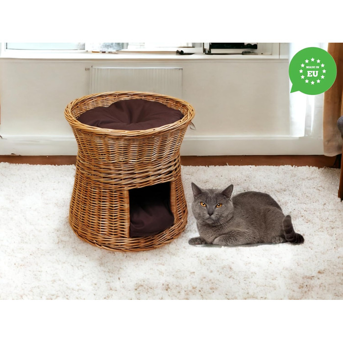 Кошик-будиночок для котів з лози, двоповерхове ліжко для котів і собак, діаметр 47 см, натуральна вербова хата з коричневими подушками, для дому
