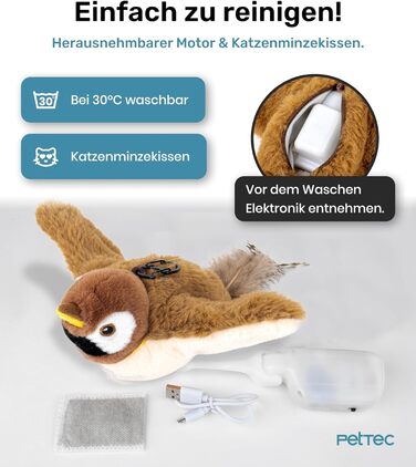 PetTec Інтерактивна електрична іграшка для котів — рухомий птах з котячою м'ятою, автоматичне самостійне заняття