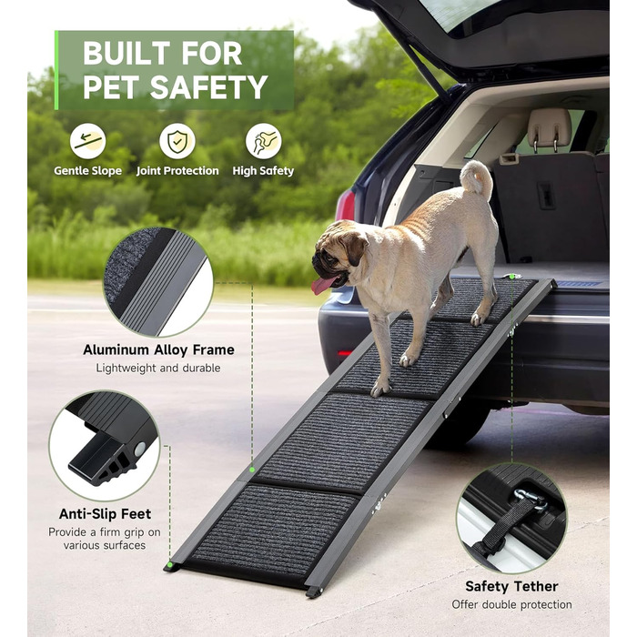 Рампа для собак, 170 см, складана, з антиковзким покриттям, для собак середніх та великих порід (до 113.4 кг), легка та портативна, 160x44 см