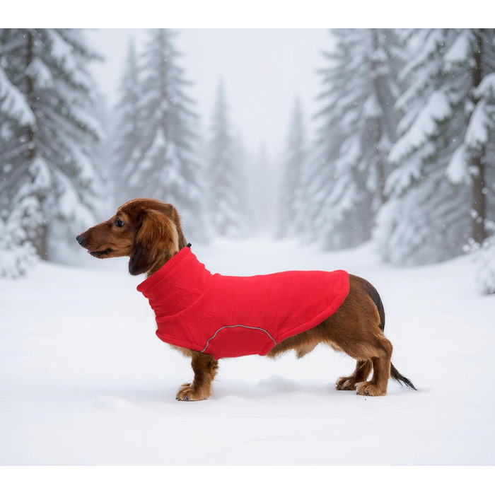 Теплий флісовий пуловер для собак, теплий теплий наряд для такс, тепла куртка та одяг для собак з отвором для повірця, відбиваюча мініатюрна одяг для такс на зиму, для холодної погоди, для дому, XS (довжина спини: 31-33 см), червоний