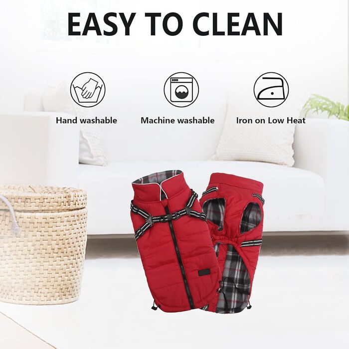 MOREZI Зимова куртка для собак, водонепроникна, з флісовою підкладкою, блискавкою на спині, світловідбиваючими смугами та ременями, для маленьких та середніх собак - Червоний, M (довжина спини: 34 см)