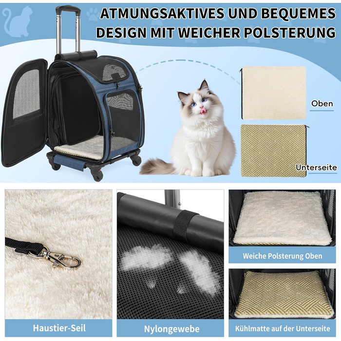 OUUTMEE Сумка-переноска для тварин, знімний чохол на колесах, ідеальна для котів та маленьких собак, багатофункціональний рюкзак, сумка-рюкзак 4-в-1, дихаюча (блакитна)