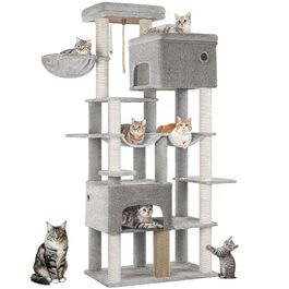 Котячий будиночок Hzuaneri XXL з 10 стовпчиками для дряпання, 2 печерами, 2 гамаками, великою платформою, щітками для котів, кошиком. Підходить для Maine Coon, великих котів, сірий колір MS20018LG
