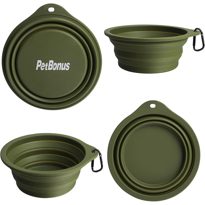 Складані годівниці для собак PetBonus, 2 шт. Силіконові миски для води для собак у подорожах, портативні, не проливаються, з карабіном для собак та котів, для води та корму (600 мл, Армійний зелений, Синій)