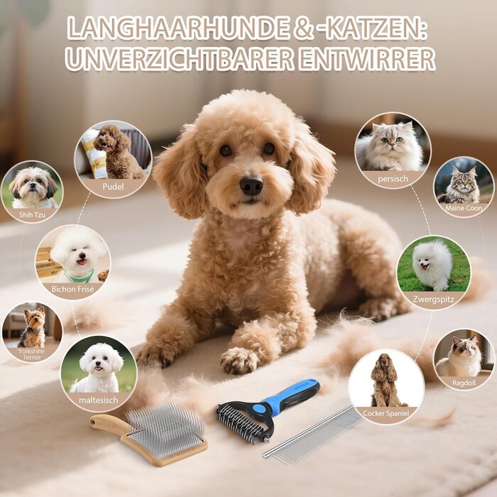 Набір для догляду за шерстю собак та котів Slicker Bürste Hund – 3 предмети: щітка Slicker, гребінь для підшерстка та гребінь з нержавіючої сталі. Підходить для довгошерстих порід: Golden Retriever, Labradoodle, Пудель. (Дуб)