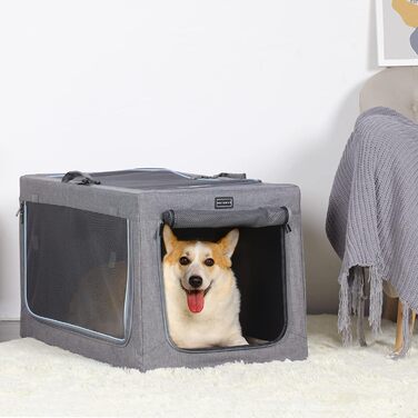 Складаний бокс для собак середніх порід Petsfit, зручна переноска для дому та подорожей, регульований розмір, міцні сітчасті вікна, товста плюшева підстилка, розмір M, сірий