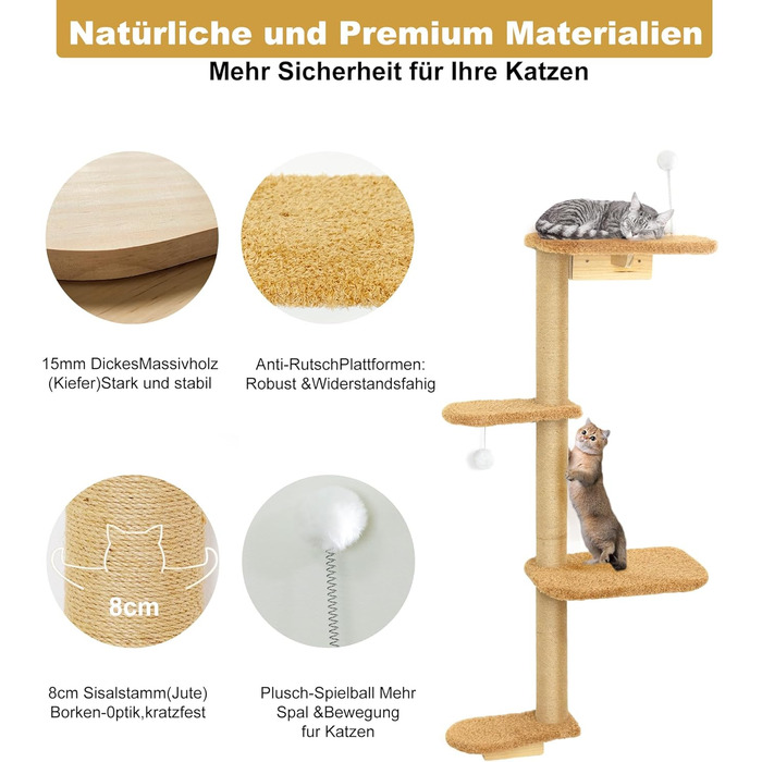 Кліматична стіна для котів Kratzbaum 125 см, 4 яруси, з натурального дерева та міцного фетру, коричнева