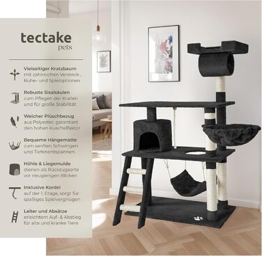 Tectake Когтеточка для котів 141 см, котячий будиночок з гамаком, ігровою мотузкою, драбинкою, печерою, іграшкою, плюш-сизаль, для дому, чорна, широкий