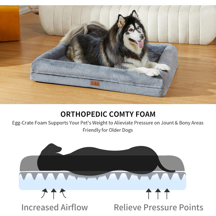 Велике ортопедичне ліжко для собак, темно-сіре, знімний валик для шиї, XL, 135x107x21 см