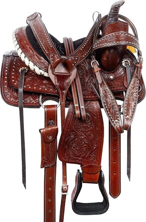 Вестерн-сідло Barrel Racer з тисненням для шоу, прогулянок і трейл-райдингу, шкіра, розмір для коня і поні, сидіння 25,4-45,7 см