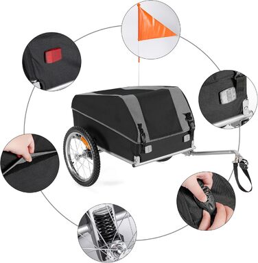 Велосипедний причіп CXWXC зі стоп-каміном - великий вантажний простір до 120 л, вантажопідйомність 40 кг, складаний вантажний причіп з тентом та прапорцем безпеки - ідеальний для щоденного транспортування (чорний)