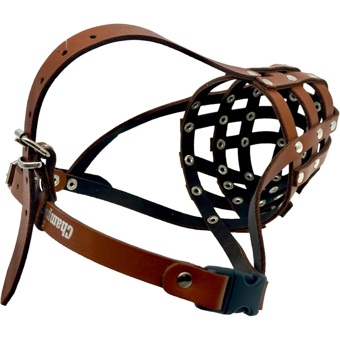 Шкіряний нашийник-маска для собак L&J Pets (для спанієлів, пуделів, хаскі та інших собак з подібним розміром морди, Колір: Коричневий, Розмір: 5)