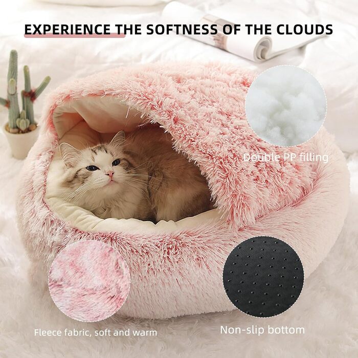 Килимок для кота, песика, гніздо-печери, круглий, м'який плюш, з капюшоном, пончик, теплий лежак для домашніх тварин, самопідігріваючий, 60 x 60 см (Рожевий)
