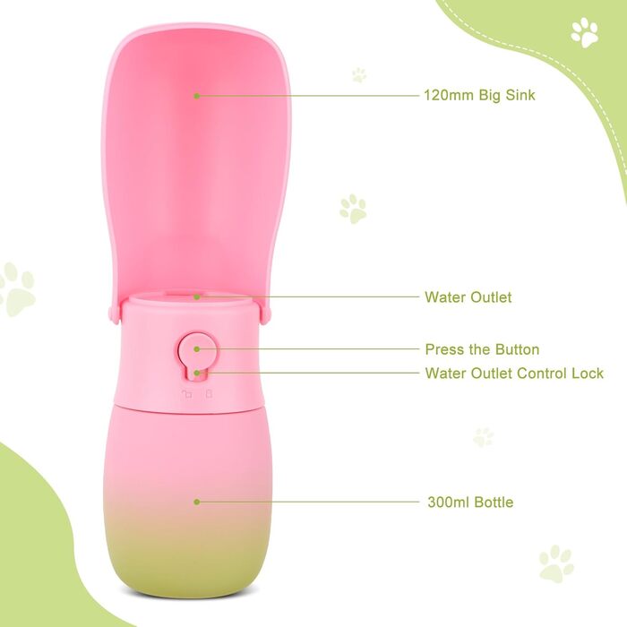 Подорожня пляшка для води для собак та котів JOPHEK 300мл з фільтром з активованого вугілля, зелено-рожева