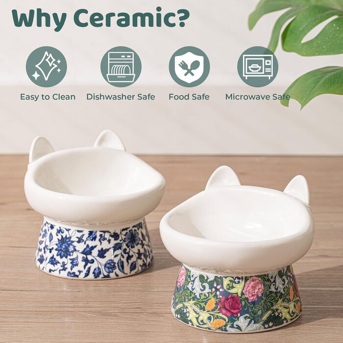 Котло propositions для котів TIGOADT: керамічна миска з підставкою, широка та нахилена, проти блювоти, для кошенят та літніх котів (блакитно-білий візерунок, квітковий візерунок)