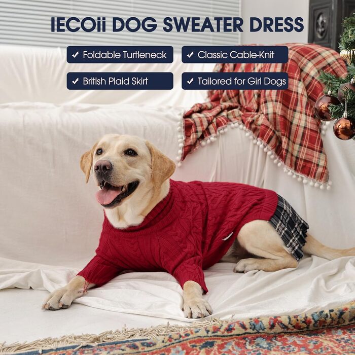 Теплий зимовий пуловер для собак великих порід IECOii з діркою для повідка, червоний, XXXL (80 см)