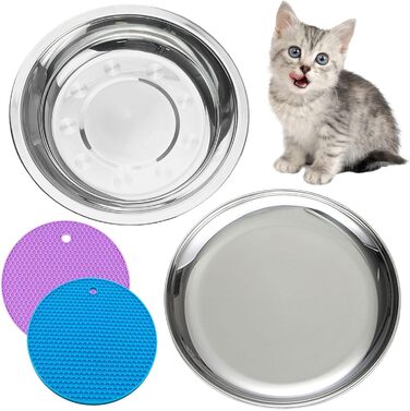 Миски для котів зі нержавіючої сталі - для полегшення вусів, втоми, годівниці для котів з нековзними килимками (2 шт, великі) 2 шт (миска + тарілка, 6 дюймів)