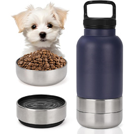 Фляга для собак на прогулянку 1000мл 3-в-1 з мисками для води та корму, ізольована сталева фляга для собак, темно-синій, 7 дюймів