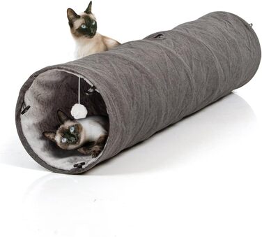 Ігровий тунель для котів CanadianCat XXL, плюшевий, сірий, 35×150 см, з інтегрованою іграшкою