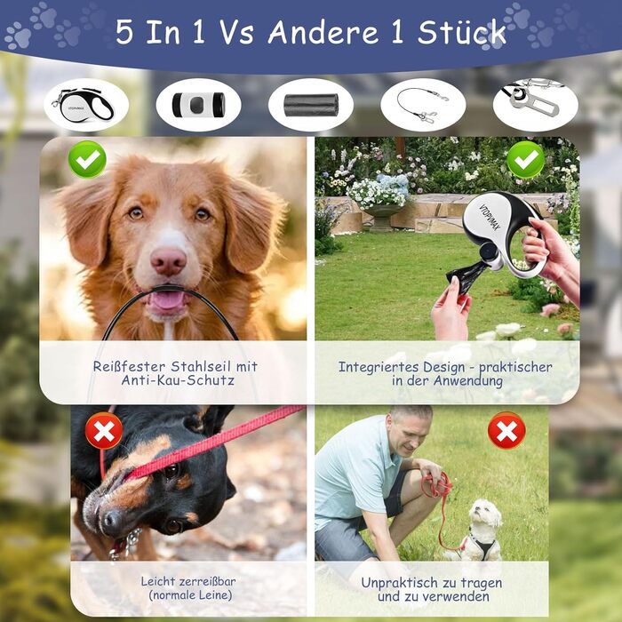 Висувна поводок для собак VTOPVMAX 8м - для середніх та великих собак до 50 кг. Міцний поводок з безпечним тросом, дозатор для відходів та гальмо однією рукою (білий)