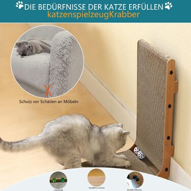 Кігтеточка для котів L-подібної форми, настінний монтаж, 60 см, вертикальна/горизонтальна, з іграшкою-кулькою, економія місця, довговічна конструкція для дому