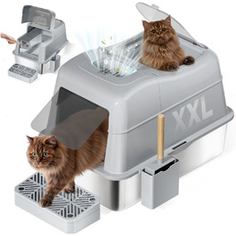 XXL Лоток для котів зі сталі з кришкою, 110° поворотна кришка, закритий лоток для котів, великий об'єм 40л з совочком та педальним механізмом, без запаху, захист від протікання та легке очищення, 60х42х44 см