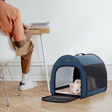 Складаний переносний бокс для собак Petsfit, дихаючий, із вигнутим дизайном, кімнатний вольєр з антизламною блискавкою та плюшевою подушкою, розмір M, синій