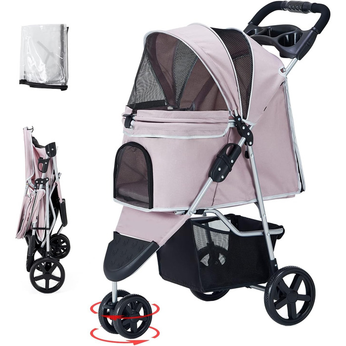 Візок для собак до 15 кг, складний, з кошиком для зберігання, сіткою, захистом від дощу, рожевий