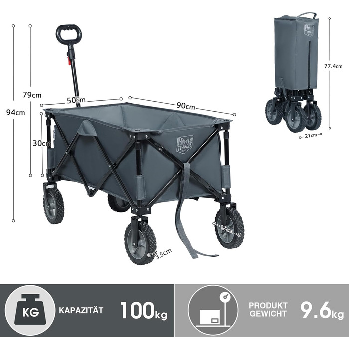 Вагончик Timber Ridge XXL: вантажний, складаний, з кишенями та тримачем для напоїв, для саду, кемпінгу, покупок (сірий)