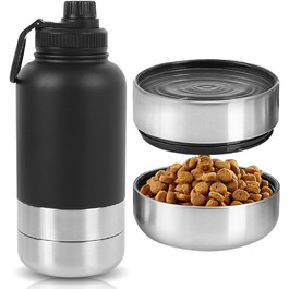 Водяна пляшка для собак на ходу, 950 мл, з мискою для їжі та води, ізольована, нержавіюча сталь, чорна