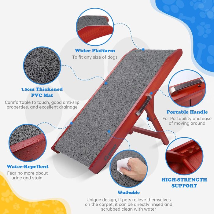 Рампа для собак Hunderampe - регульована, 34-61,5 см, з покриттям, що миється, з берези. Складана, антиковзка, для маленьких та великих собак (XL)