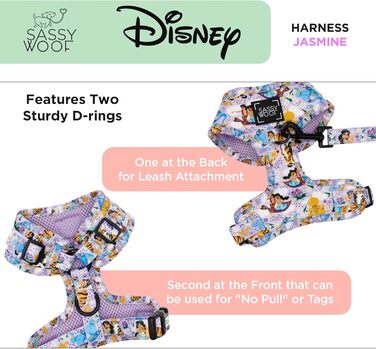 Регульована шлейка для собак Sassy Woof Disney Принцеса Жасмін, L, дихаюча сітка, не тягне, 2 D-кільця, для великих собак, офіційна ліцензія