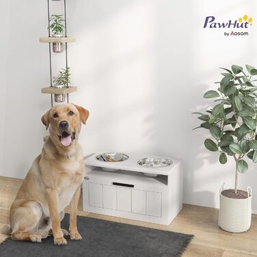 Станція для годування собак PawHut з піднятою мискою, повільною годівницею та 2 мисками з нержавіючої сталі, ящик для зберігання 25л, для великих та екстра-великих собак, білий колір